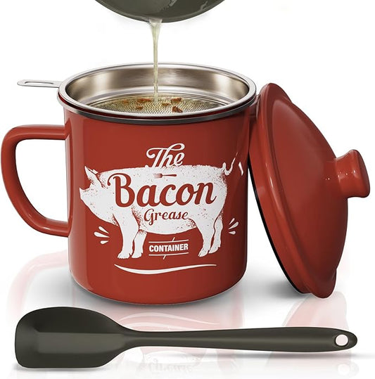 Bacon Grease Container With Strainer, 46OZ Large Enamel Grease Container, With Silicone Spatula, Farmhouse Bacon Grease Keeper, Cooking Oil Container For Kitchen Fat Storage, Dishwasher Safe-Red
