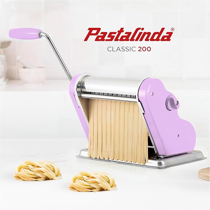 PASTALINDAClassic 200 Pasta Maker Machine, 20 cm Wide Rollers, 9 Thickness Positions, 2 Cutting Positions, Stainless Steel. Includes Reinforced Hand Crank And Two Clamps