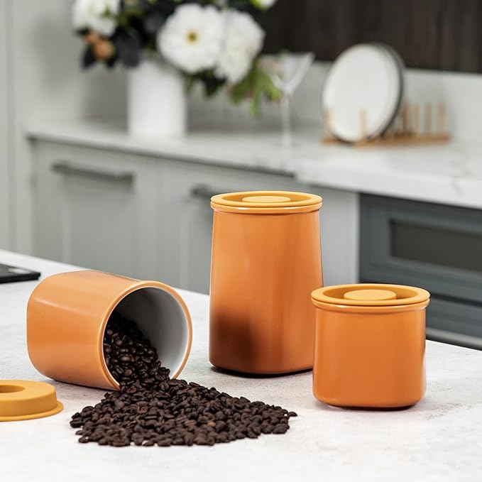Nucookery Canisters Sets for the Kitchen Countertop, 3 Pcs Ceramic Jar with Silicone Lid, 40oz, 30oz, 20oz Food Storage Containers for Flour, Sugar, Coffee, Grains,Tea, Cookies, Dry Food Organization