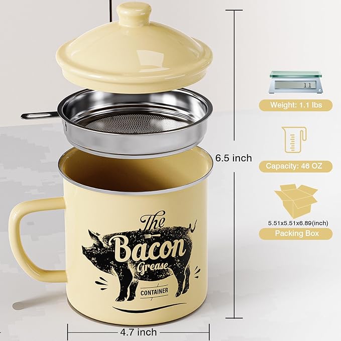 Bacon Grease Container With Strainer, 46OZ Large Enamel Grease Container, With Silicone Spatula, Farmhouse Bacon Grease Keeper, Cooking Oil Container For Kitchen Fat Storage, Dishwasher Safe-Beige