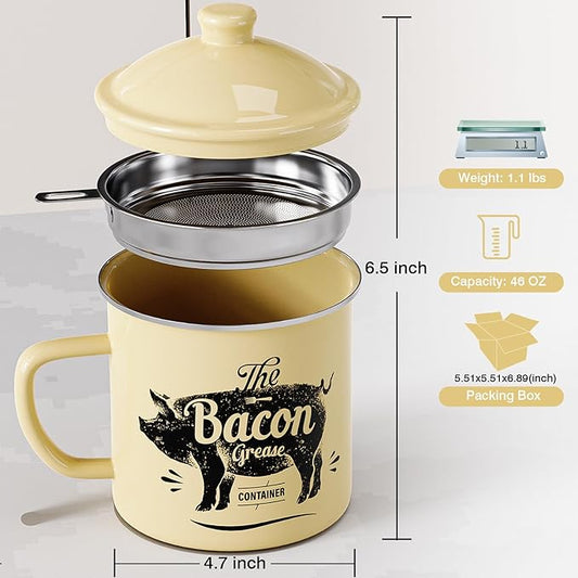 Bacon Grease Container With Strainer, 46OZ Large Enamel Grease Container, With Silicone Spatula, Farmhouse Bacon Grease Keeper, Cooking Oil Container For Kitchen Fat Storage, Dishwasher Safe-Beige