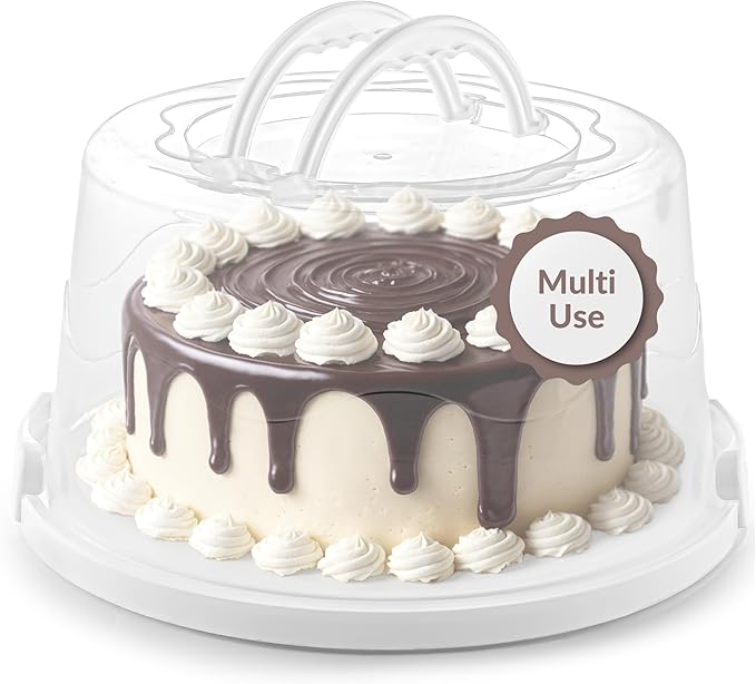 MosJos EXTRA LARGE Cake Carrier, Cake Stand with Lid and Foldable Handles - Multifunctional Serving Platter and Cake Plate - Cake Container with Dome and Strong Snaps 13 x 13 x 7 inch (White)