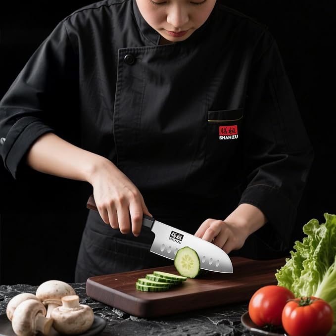 SHAN ZU 5 Inch Santoku Knife for Small Hands, Japanese High Carbon Steel Kitchen Knife, Multi-function Mini Size Sharp Chef Knives with Ergonomic Red Sandalwood Handle, Sashimi Knives