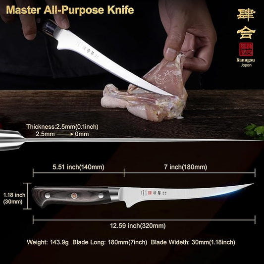 7 Inch Fillet Knife for Fish, Japan AUS-8 Alloy Steel Boning Knife for Meat with Full-Tang Pakkawood Handle, Kitchen Knives with Premium Gift Box (Classic Series)