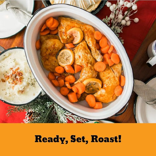 Granite Ware 15 inch oval roaster with Lid (Speckled White) enameled steel design to accommodate up to 10 lb poultry/roast. Resists up to 932°F