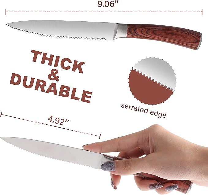 Serrated Steak Knives Set of 8, Stainless Steel Steak Knife Set with Pakkawood Handle, Fine Sharp Edge Dinner Knife with Gift Box, Steak Cutlery Set for Home Party