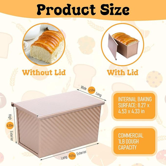 2 Pcs Pullman Loaf Pan with Lid, Non-Stick Rose Gold Bread Loaf Pans for Homemade Bread 1 lb Carbon Steel Bread Toast Box with Cover for Bakeware Bread Toast Oven Baking