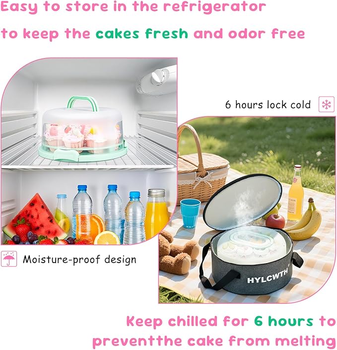 Cake Carrier With Lid And Handle, Bpa-Free Cake Holder With Lid For 10 Inch Round Cake Carrier With 10 pcs Round Golden Cake Boards And Portable Insulated Bag