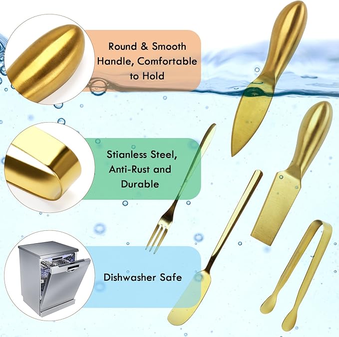 18 pieces Charcuterie Board Accessories, Gold Stainless Steel Cheese Knives, Butter Knife Spreader, Appetizer Forks, Mini Serving Tongs Spoons for Gathering Wedding Birthday...