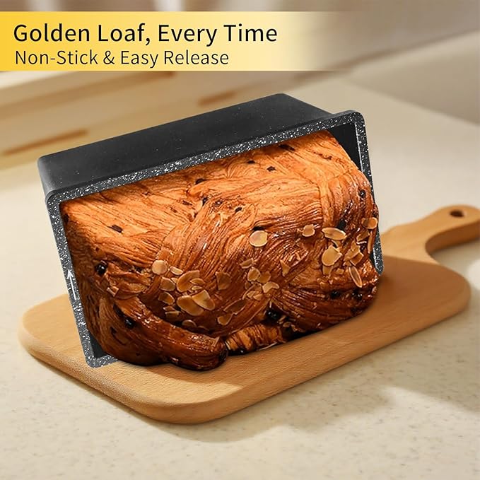 Cast Aluminum Loaf Pan with Lid, Pullman Loaf Pan for Homemade Sourdough Bread, Sandwich, Meatloaf Baking, 8x4 Inch Nonstick Deep Bread Tin with Cover, Oven Safe & Heavy Duty, Speckled Black