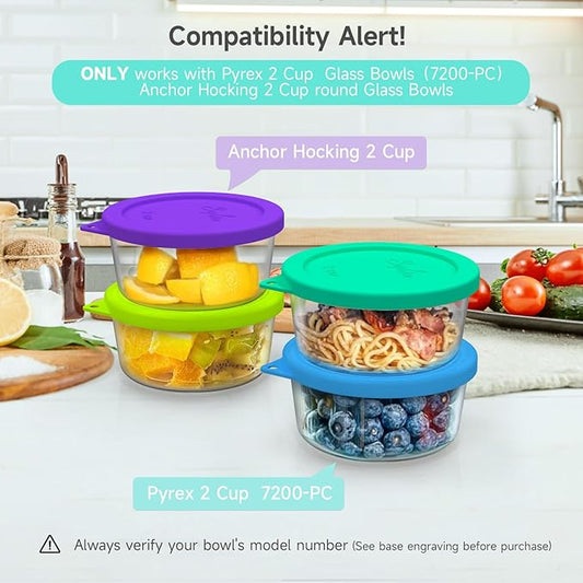 Sophico 2 Cup Round Silicone Storage Cover Lids Replacement for Pyrex 7200-PC and Anchor Hocking Glass Bowls (Container not Included) |Green-Blue 4 Pack |
