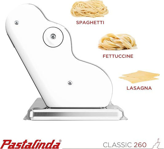 PASTALINDA Classic 260 Pasta Maker Machine, 26 cm Wide Rollers, 9 Thickness Positions, 2 Cutting Positions, Stainless Steel. Includes Reinforced Hand Crank And Two Clamps (White)