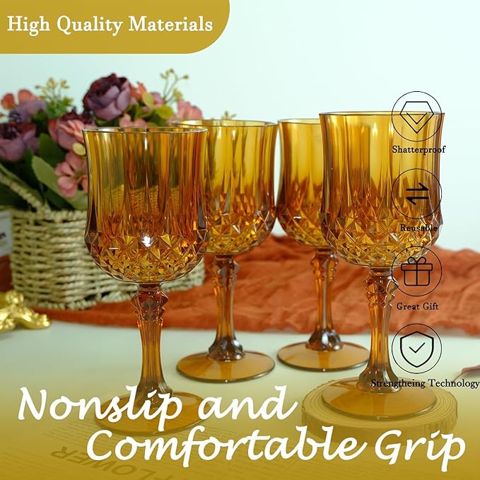 Plastic Wine Glasses,100PCS Amber Plastic Goblets Vintage Style Cordial Drinking Glasses for Wedding Reception, Grand Event Party Supplies (100, Amber)