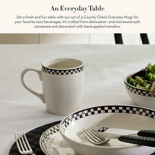MACKENZIE-CHILDS Set of 4 Everyday Mugs, Dishwasher-Safe and Microwave-Safe, 14-Ounce Capacity, Black-and-White Courtly Check