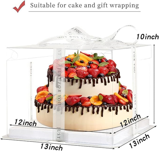 12x12x10inch 6Pcs Tall Cake Boxes Clear cake Box with Ribbon,Pre Folded Lid for 10" and 11" Inch Tall Layer Tiered Cakes and Bakery Display Birthday Wedding Party(Clear Lid, 12*12*10inch/6Pcs)