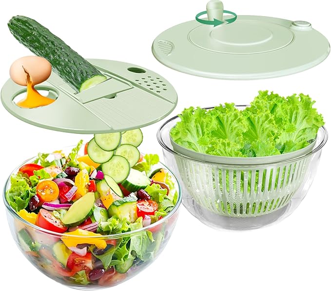 Airpro Salad Spinner Large, Vegetables Fruits Wash Bowl,Lettuce Spinner Pasta and Fries Dryer with 5 Blades,Egg Yolk Strainer Slicer Shredder for Kitchen Colander, 5.3 Qt, Green White
