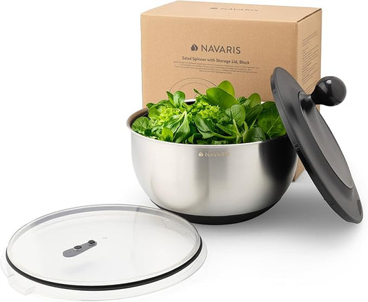 Navaris Salad Spinner with Storage Lid - Durable Stainless Steel Vegetable & Lettuce Dryer Set - Non-Slip Silicone Base - Includes Plastic Colander and Extra Storage Lid - Black