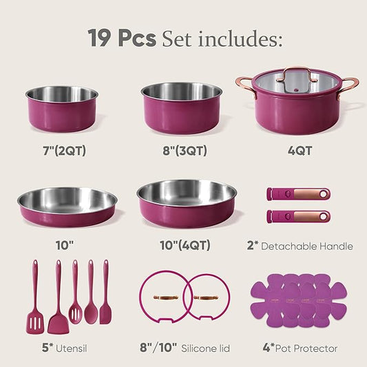 CAROTE 19pcs Tri-Ply Stainless Steel Cookware Set with Detachable Handle, Pots and Pans Set, Induction Kitchen Cooking Sets, RV/Camping Cookware, Outer Ceramic Layer, Oven Safe, Violet Purple