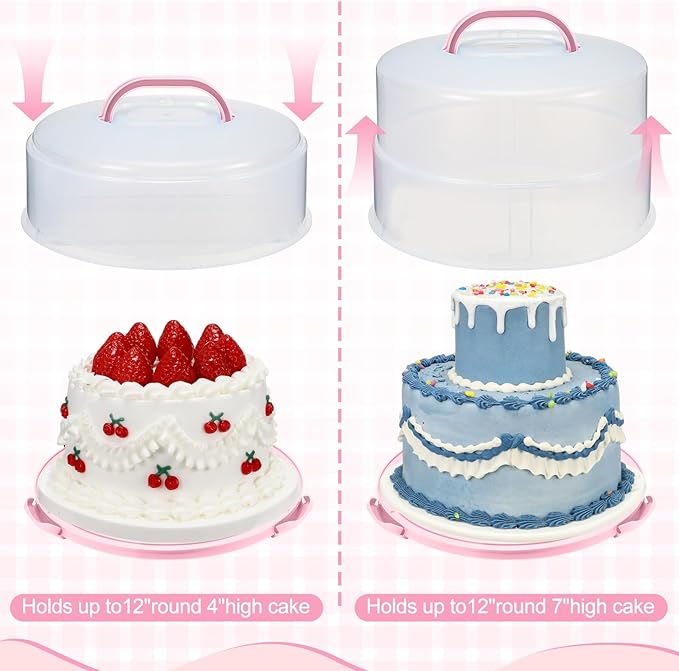 12 Inch Large Cake Carrier with Lid and Handle for 12" Round 7" High Cake Adjustable Plastic Pies Carrier Portable Cupcakes Transport Container for Cookies Pizza and More(Pink)