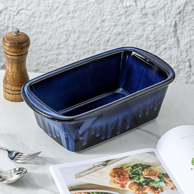 Ceramic Loaf Pan for Baking, 9 x 5 Inch Rectangular Bread Pan, Bakeware for Cooking, Home Kitchen (Nebula Blue, Reactive Glaze)