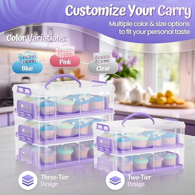 Flexzion Cupcake Carrier, Cupcake Holder for 24 Cupcakes, Portable and Reusable Rectangular Cake Carrier with Lid and Handle, 2 Tier Stackable Layer Insert (Purple)