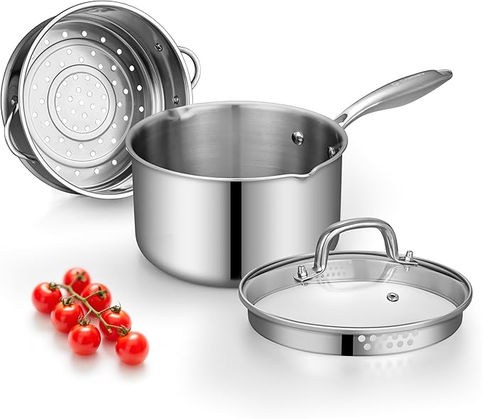 Tri-Ply Stainless Steel Sauce Pan with Steamer Basket & Straining Glass Lid — Heavy-Duty, Thick Base,Rust-Resistant,Warp-Free —100% Food-Grade —Built to Last– Works with All Stovetops, Pasta Pot 2 QT