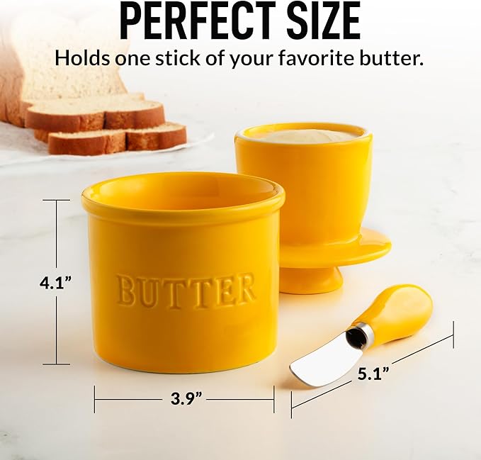 Zulay Kitchen Porcelain Butter Crock With Lid & Knife - Authentic French Butter Dish For Fresh & Spreadable Butter - Yellow