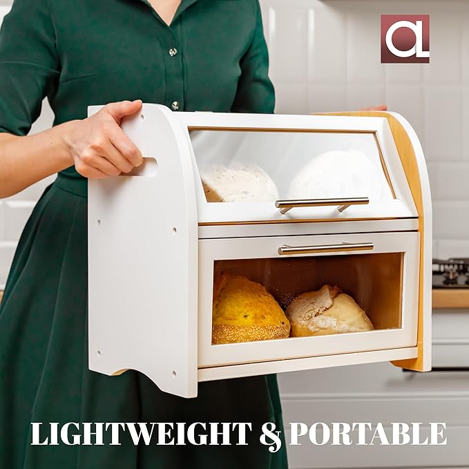 Arise Stylish Bamboo Bread Box for Kitchen Countertop, Extra Large 2-Shelf Wooden Bread Storage Container with Clear Windows and Air Vents Keep Bread, Bagels and Rolls Fresh, Self Assembly