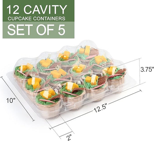 LotFancy Cupcake Containers 12 Count, 5 Sets, Plastic Stackable Cupcake Boxes, Disposable Muffin Holder with Detachable Tall Dome Lid, BPA Free, Clear Cupcake Carrier, Standard Size