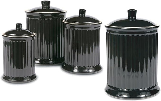 Omniware Simsbury 4-Piece Canister Set - Stoneware Kitchen Storage with Silicone-Sealed Lids, Lead-Free Glaze & Dishwasher Safe - Rustic Farmhouse-Style Flour & Sugar Containers (Black)