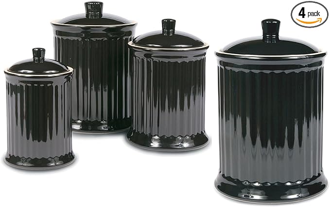 Omniware Simsbury 4-Piece Canister Set - Stoneware Kitchen Storage with Silicone-Sealed Lids, Lead-Free Glaze & Dishwasher Safe - Rustic Farmhouse-Style Flour & Sugar Containers (Black)