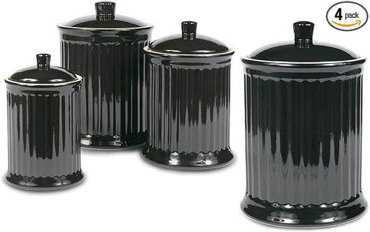Omniware Simsbury 4-Piece Canister Set - Stoneware Kitchen Storage with Silicone-Sealed Lids, Lead-Free Glaze & Dishwasher Safe - Rustic Farmhouse-Style Flour & Sugar Containers (Black)