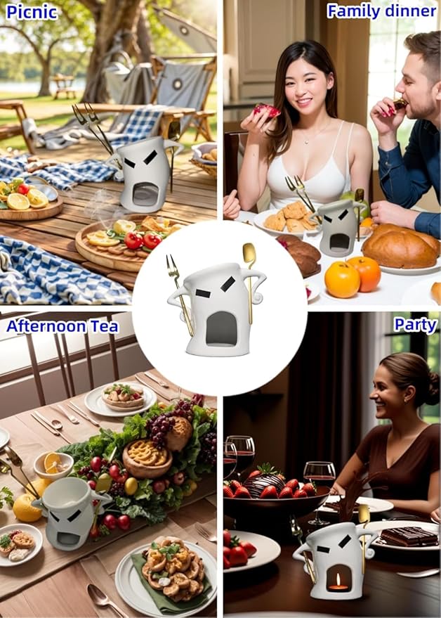 Chocolate Fondue Mug with Attitude - Ceramic Melting Cup for Chocolate Fondue Set, Mini Dessert Party with Fork & Shovel (Gold)