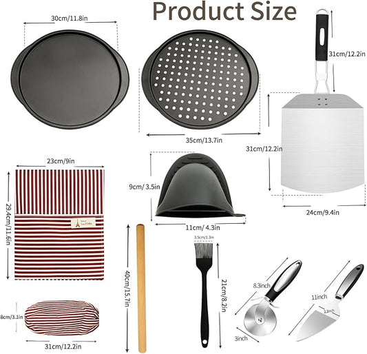 Pizza Kit for Homemade Baking, 12in Perforated and Non-Perforated Pizza Pan Set with Stainless Steel Pizza Peel 12x9in, Dough Roller, Cutter, Apron, Baking Mat, Ideal for Oven Cooking at Home