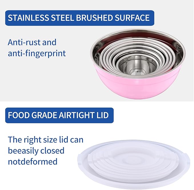 Pink Mixing Bowls with Airtight Lids, Stainless Steel Nesting Mixing Bowls Set of 7, Ideal for Baking, Prepping and Serving Food, Size 7, 3.6, 2.7, 2.1, 1.5, 1.1,0.8 QT, Stackable Design