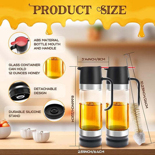 12 OZ Glass Honey Dispenser with Handle,Honey Syrup Dispenser No Drip with Cleaning Brush,Honey Jar for Coffee or Tea,Black