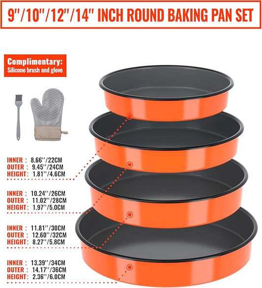 Round Roasting Pans Bakeware 4 Pack Enamelwere Baking Cake Pans Set Casserole Dishes 9/10/12/14inch Turkey Chichen Vegetables Roaster Oven Dishwasher Safe Thanksgivinfg Holiday (Orange)