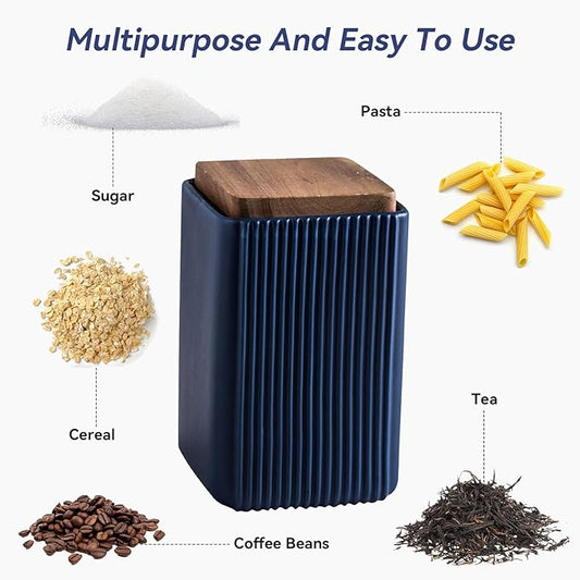 Ceramic Storage Jars Modern Elegant Highly Polished Airtight Storage Canisters with Lid Whiteware Food Stroage Jar for Kitchen Spice Tea Vanilla Sugar Coffee Beans (Blue-750ML)