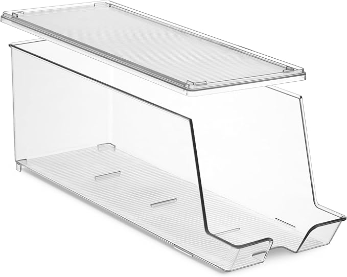 Set of 2 Stackable Refrigerator Organizer Bins Pop Soda Can Dispenser Beverage Holder for Fridge, Freezer, Kitchen, Countertops, Cabinets - Clear Plastic Canned Food Pantry Storage Rack Holds 12 Cans