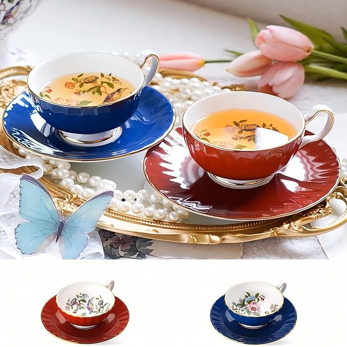 Aynsley Handpainting Colored Glaze Pembroke Oban Fine Bone China English Tea Cup and Saucer Set, 6.1 oz (Red)