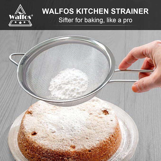 Walfos 7.8 Inch Fine Mesh Strainer, Premium Stainless Steel Colanders and Sifters, with Reinforced Frame and Sturdy Handle, Perfect for Sift, Strain, Drain and Rinse Vegetables, Pastas and Tea