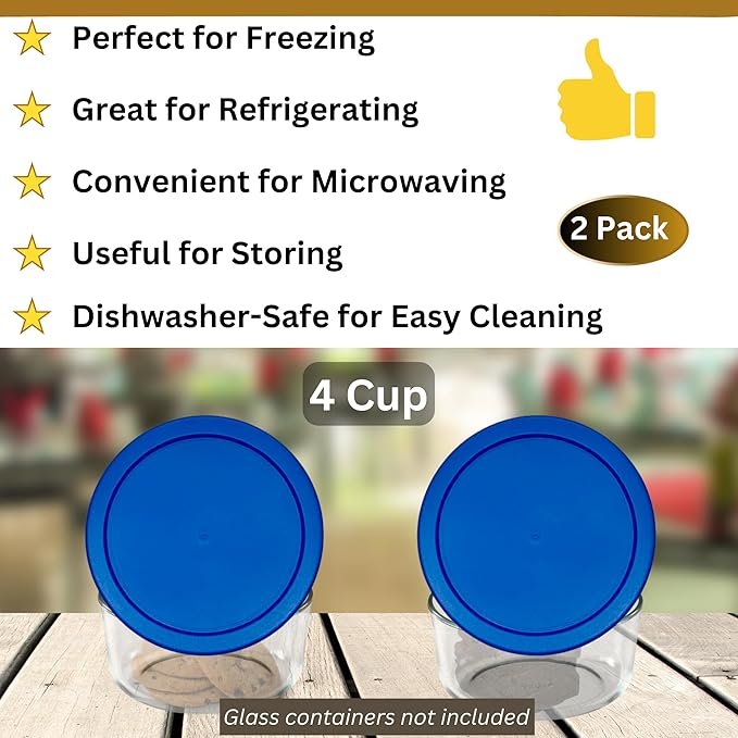 rivel Klareware 4 Cup Blue Round Plastic Food Storage Replacement Lids Covers for Klareware Anchor Hocking and Pyrex Glass Bowls (Container not Included) (2 Pack)