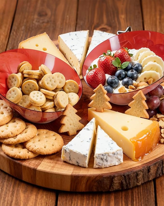 bUCLA 12 Pack Clear Red Plastic Serving Bowls - 54 OZ Christmas Angled Serving Bowls Disposable for Chip, Candy, Salad & Fruit - Ideal for X’mas Party