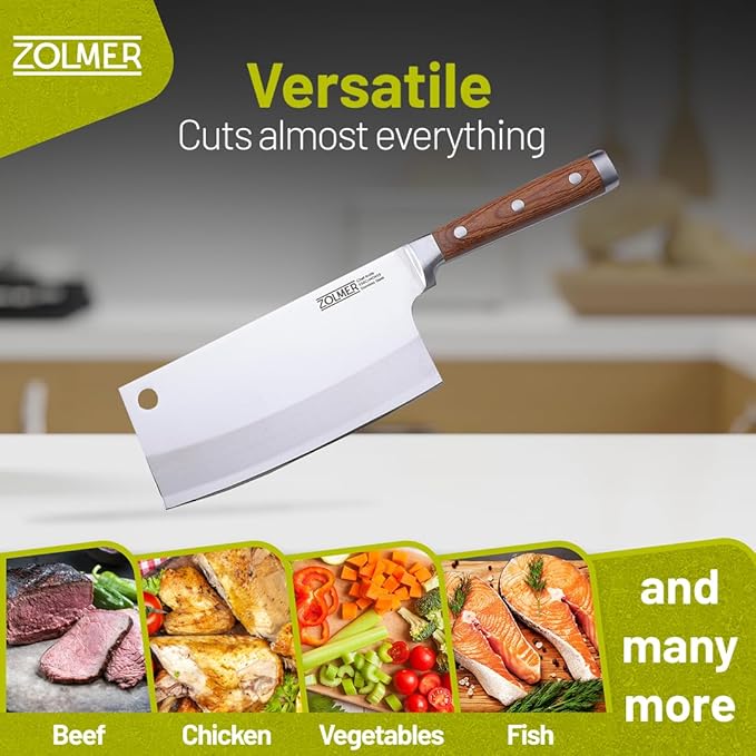 ZOLMER® Cleaver Knife – Professional Meat Cleaver for Butchering Bones – Butcher Tool with Wooden Handle – Chinese Chef Chopper for Kitchen