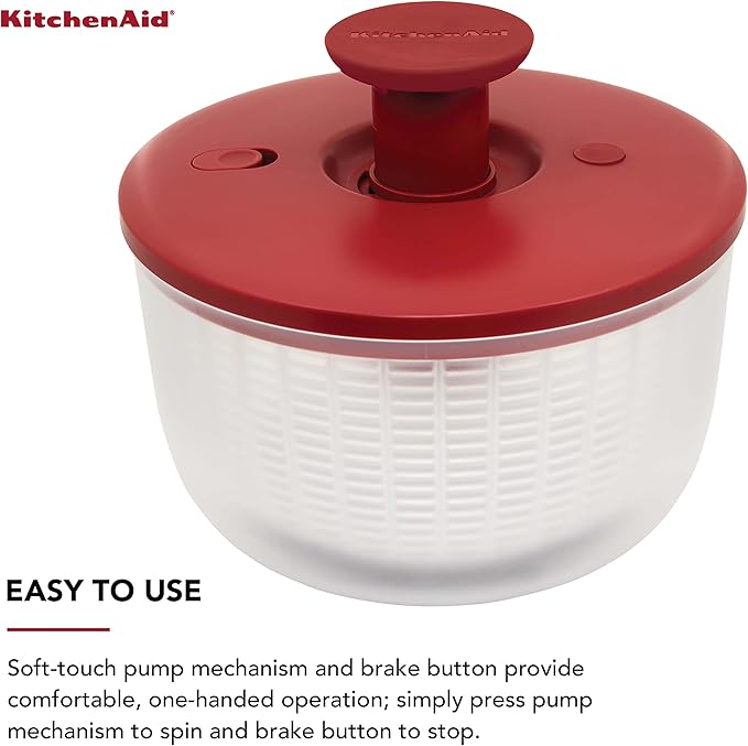 KitchenAid Universal Salad Spinner with Removable Bowl, Colander and One Handed Pump Mechanism, Large Bowl Nests and Features Non Slip Base, 7.43 Quart, Empire Red