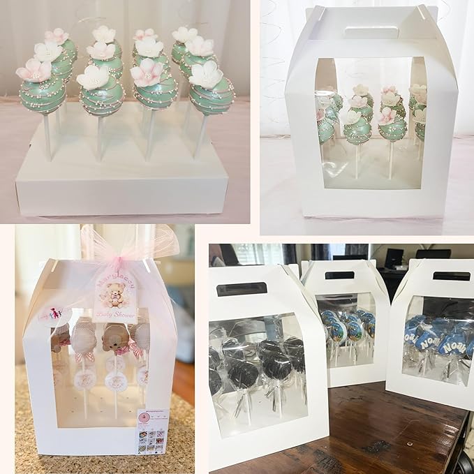 Cake Pop Boxes - 12 Pcs Portable Candy Boxes with Clear Window & 18 Holes Tall Display Carriers for Lollipops, Candy Pops (White)