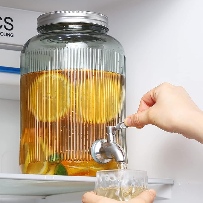 Berglander Glass Drink Dispenser for Fridge, 1 Gallon Beverage Dispenser with Leakproof Stainless Steel Spigot, Water, Laundry Detergent, Juice Dispenser for BBQ, Picnic, Parties and Events (Blue)