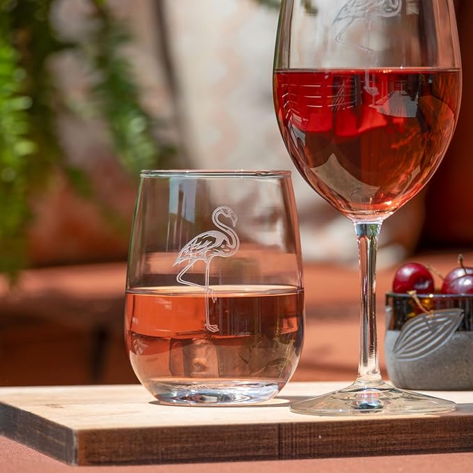 Rolf Glass Flamingo Stemless Wine Glass | 17oz Stemless Tumblers | Lead-Free and Etched Glass | Made in the USA | Coastal or Tropical Flamingo Design | Set of 4