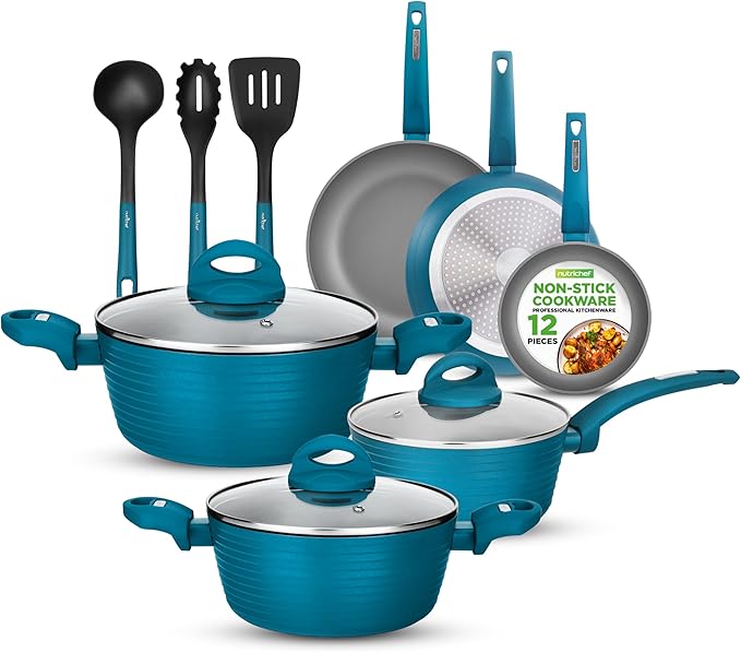 NutriChef 12-Piece Nonstick Kitchen Cookware Set - Easy to Clean, Fireproof Lacquer - Saucepot, Cooking Pots, Fry Pans, Utensils, Tempered Glass Lids - Light Gray/Green, Induction Ready