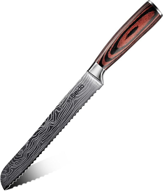 Seido Knives Master 8 Inch Serrated Bread Knife – High Carbon Stainless Steel Blade with Damascus Pattern Scalloped Serrations Full Tang & Ergonomic Pakkawood Handle